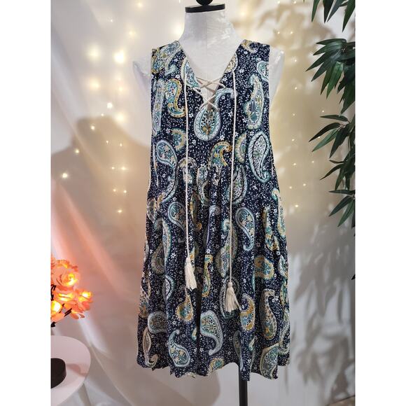 entro Dresses & Skirts - Entro Paisley Boho Lace Babydoll Sleeveless Tassel Dress Womens Size M Hippie
